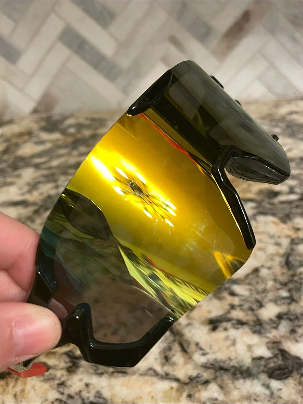 Sport Shield Sunglasses - Black Frame with Mirrored Green-Blue Lens